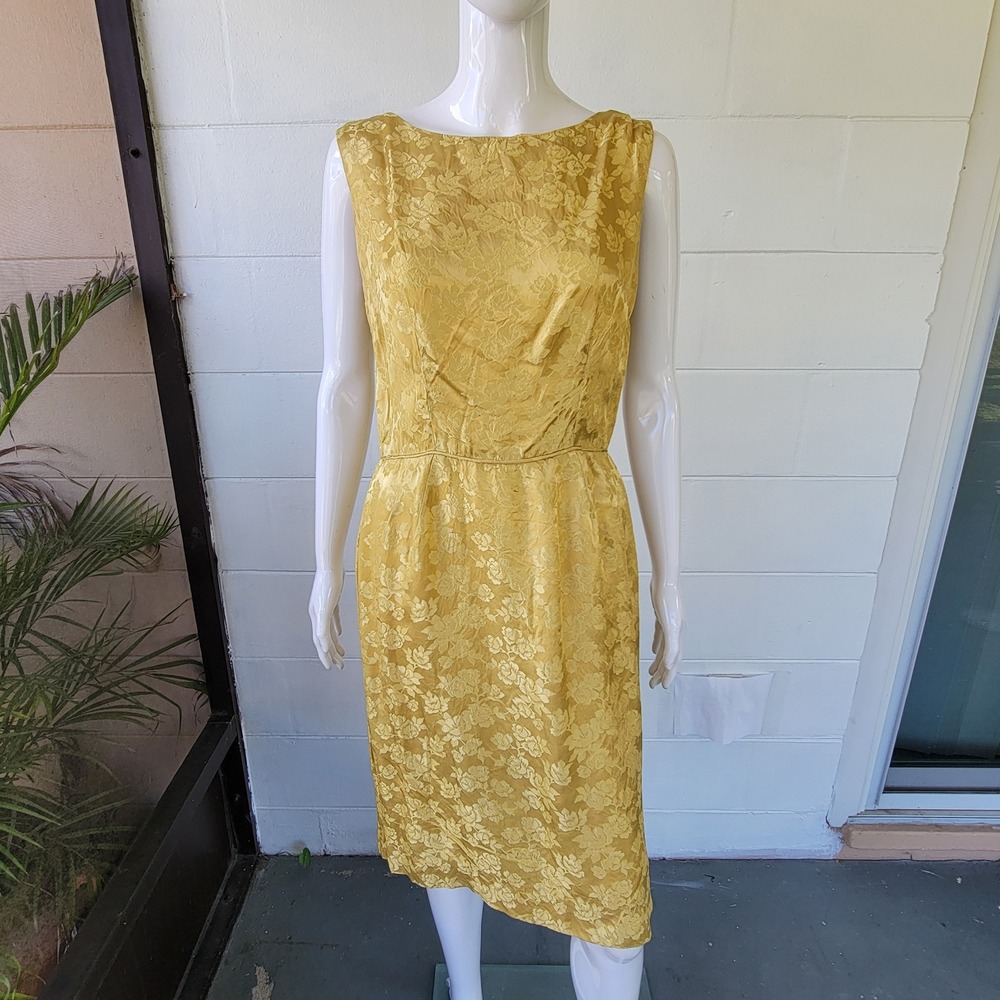 VTG 60s Floral Brocade Gold Dress Women M 6-8 Mid-Century Retro Brocade